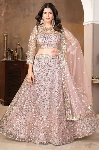 Peach Sequin Embroidered Satin Lehenga Set