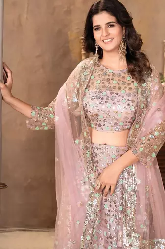 Peach Sequin Embroidered Satin Lehenga Set