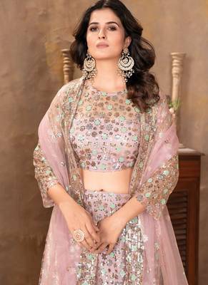 Peach Sequin Embroidered Satin Lehenga Set 3