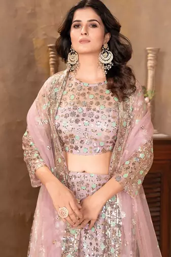 Peach Sequin Embroidered Satin Lehenga Set