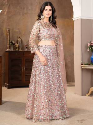 Peach Sequin Embroidered Satin Lehenga Set 4