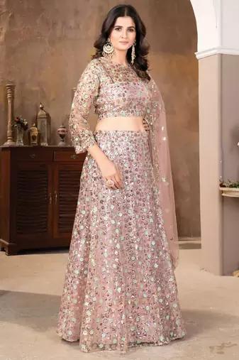 Peach Sequin Embroidered Satin Lehenga Set