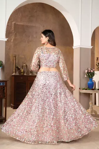Peach Sequin Embroidered Satin Lehenga Set