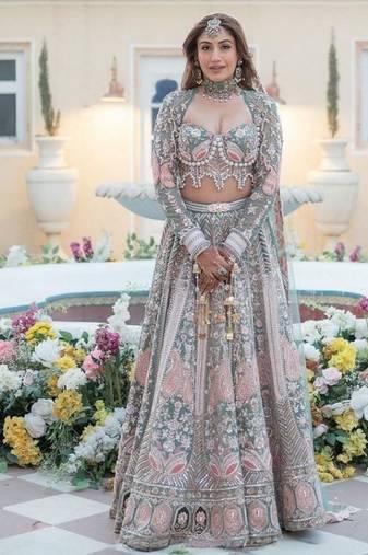 Sea Green Sequin Pearl Embroidered Kasturi Silk Lehenga Set