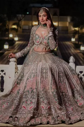Sea Green Sequin Pearl Embroidered Kasturi Silk Lehenga Set