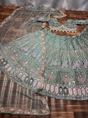 Sea Green Sequin Pearl Embroidered Kasturi Silk Lehenga Set 4