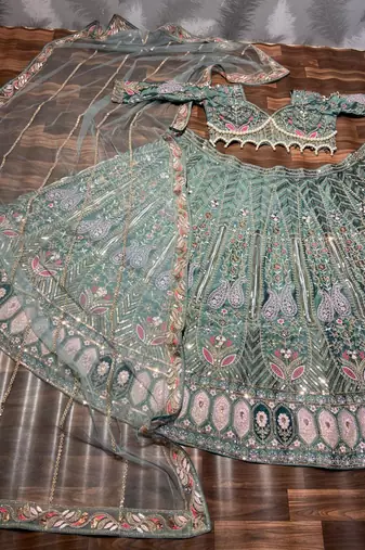 Sea Green Sequin Pearl Embroidered Kasturi Silk Lehenga Set