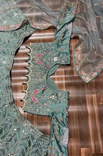 Sea Green Sequin Pearl Embroidered Kasturi Silk Lehenga Set