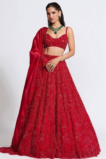 Hot Red Color Sequence Embroidery Silk Lehenga Set With Dupatta