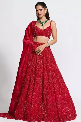 Hot Red Color Sequence Embroidery Silk Lehenga Set With Dupatta