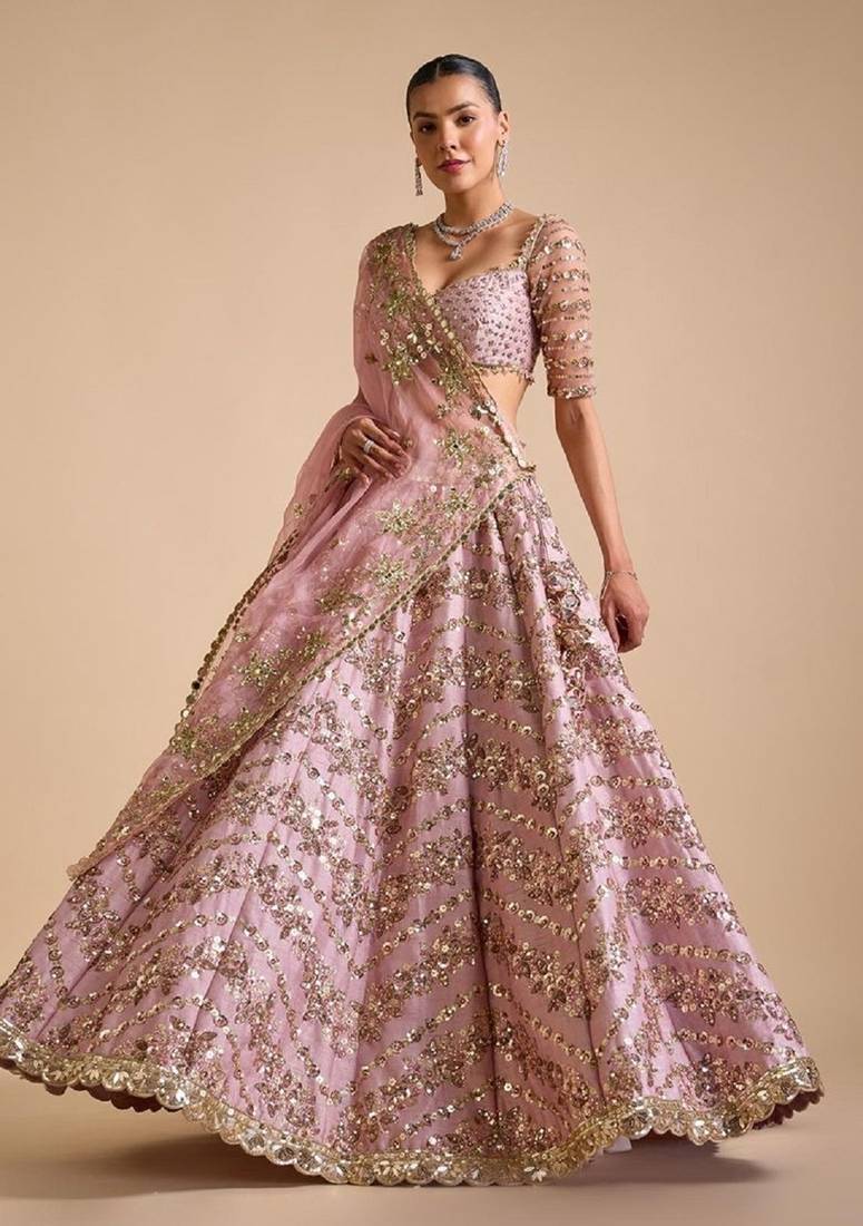 Beautiful Pink Colour Chinon Silk Fabric Multi Thread And Heavy Sequins Lehenga Choli