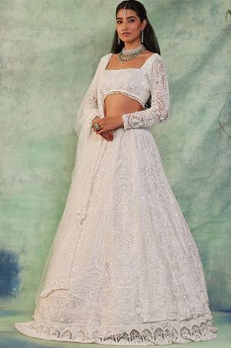 Off White Thread Embroidered Soft Butterfly Net Lehenga Set