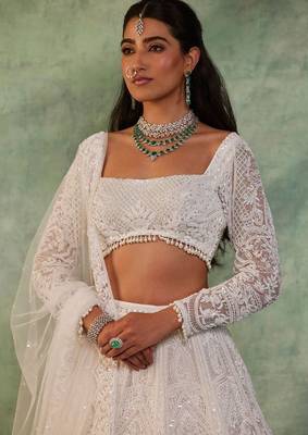Off White Thread Embroidered Soft Butterfly Net Lehenga Set 2