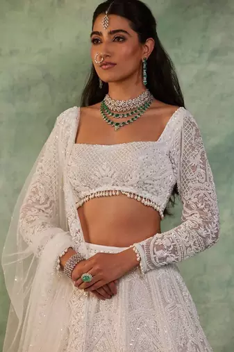 Off White Thread Embroidered Soft Butterfly Net Lehenga Set