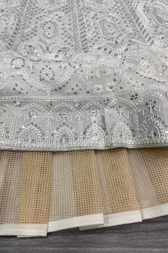 Off White Thread Embroidered Soft Butterfly Net Lehenga Set