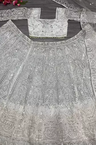 Off White Thread Embroidered Soft Butterfly Net Lehenga Set