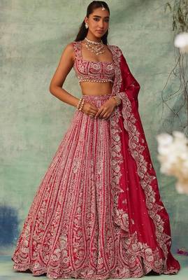 Red Thread Embroidered Boomer Silk Lehenga Set 1