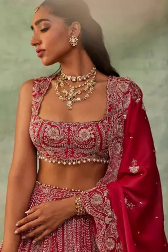 Red Thread Embroidered Boomer Silk Lehenga Set
