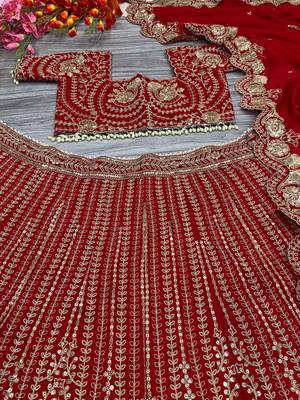 Red Thread Embroidered Boomer Silk Lehenga Set 4