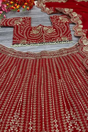 Red Thread Embroidered Boomer Silk Lehenga Set