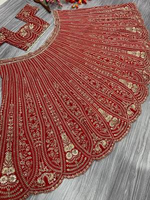 Red Thread Embroidered Boomer Silk Lehenga Set 5