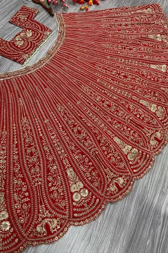 Red Thread Embroidered Boomer Silk Lehenga Set