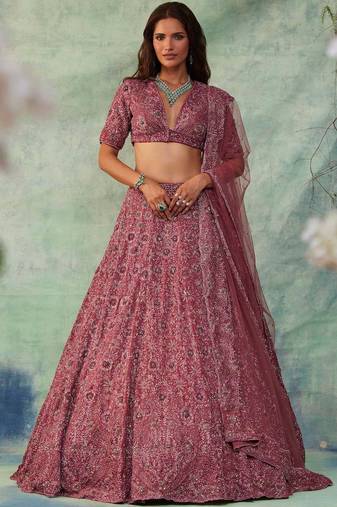 Women's Pink Embroidered Chinon Silk Lehenga Set