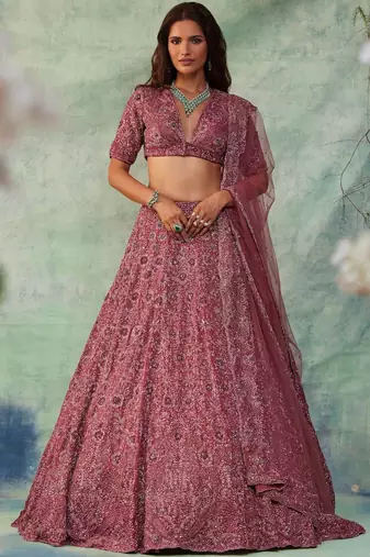 Women's Pink Embroidered Chinon Silk Lehenga Set