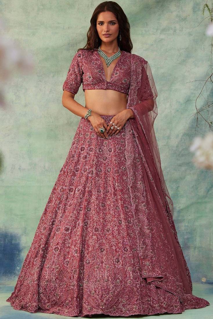 Women's Pink Embroidered Chinon Silk Lehenga Set