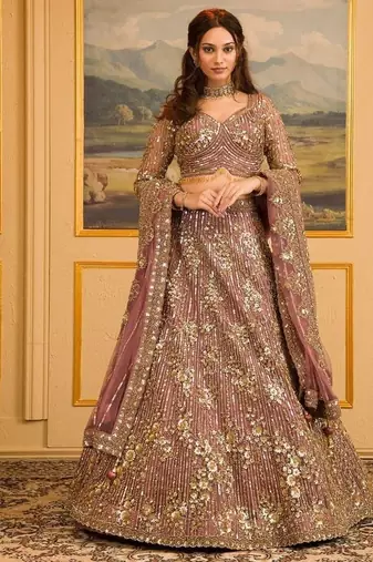 Pink Sequin Dori Embroidered Faux Georgette Lehenga Set