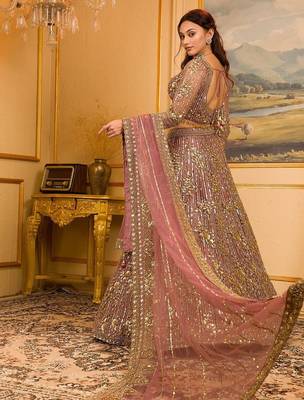 Pink Sequin Dori Embroidered Faux Georgette Lehenga Set 3