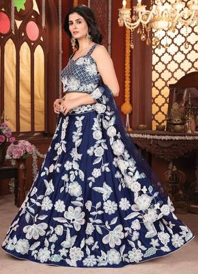 Navy Blue Kasturi Silk Georgette Embroidered Sequins Lehenga Wedding Wear 1