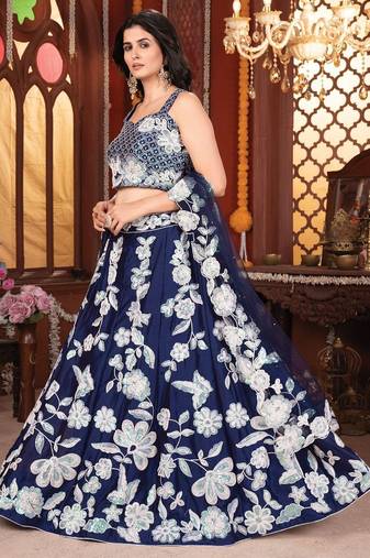 Navy Blue Kasturi Silk Georgette Embroidered Sequins Lehenga Wedding Wear