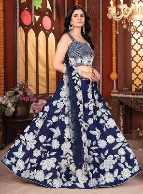 Navy Blue Kasturi Silk Georgette Embroidered Sequins Lehenga Wedding Wear 3
