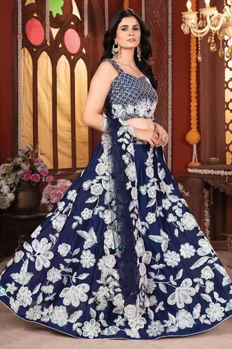 Navy Blue Kasturi Silk Georgette Embroidered Sequins Lehenga Wedding Wear