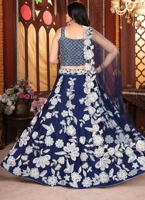 Navy Blue Kasturi Silk Georgette Embroidered Sequins Lehenga Wedding Wear 4