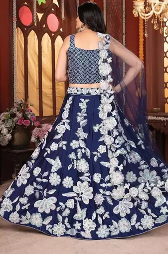 Navy Blue Kasturi Silk Georgette Embroidered Sequins Lehenga Wedding Wear