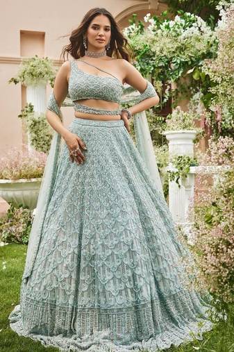 Sky Blue Sequin Embroidered Net Lehenga Set