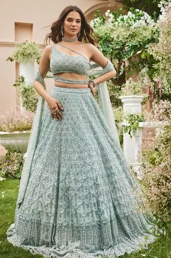 Sky Blue Sequin Embroidered Net Lehenga Set