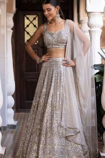 Silver Embroidererd Silk Lehenga Set With Dupatta
