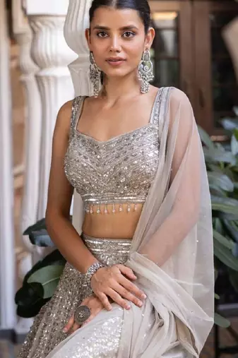 Silver Embroidererd Silk Lehenga Set With Dupatta