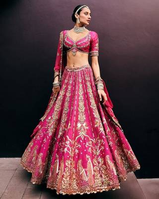 Rani Pink Wedding Lehenga with Embroidery, Heavy Flair & Unstitched Blouse  1