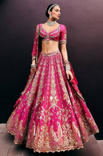 Rani Pink Wedding Lehenga with Embroidery, Heavy Flair & Unstitched Blouse 