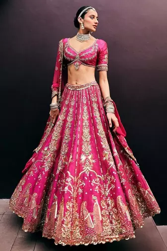 Rani Pink Wedding Lehenga with Embroidery, Heavy Flair & Unstitched Blouse 