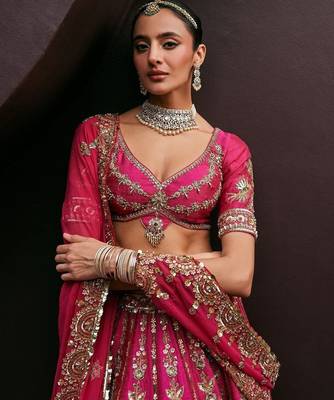 Rani Pink Wedding Lehenga with Embroidery, Heavy Flair & Unstitched Blouse  2