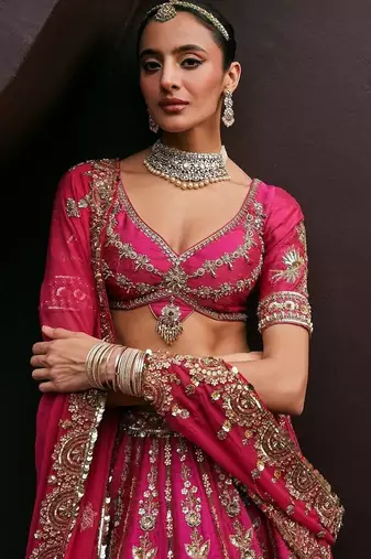 Rani Pink Wedding Lehenga with Embroidery, Heavy Flair & Unstitched Blouse 