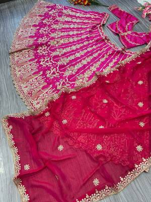 Rani Pink Wedding Lehenga with Embroidery, Heavy Flair & Unstitched Blouse  3