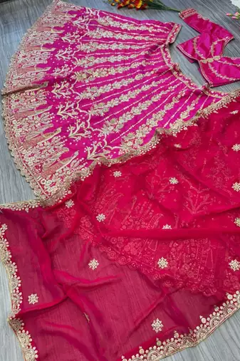 Rani Pink Wedding Lehenga with Embroidery, Heavy Flair & Unstitched Blouse 