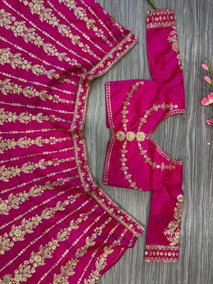 Rani Pink Wedding Lehenga with Embroidery, Heavy Flair & Unstitched Blouse  4