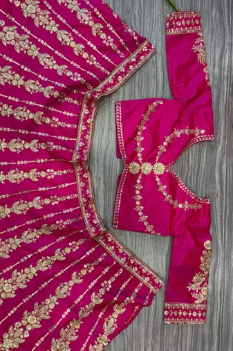 Rani Pink Wedding Lehenga with Embroidery, Heavy Flair & Unstitched Blouse 